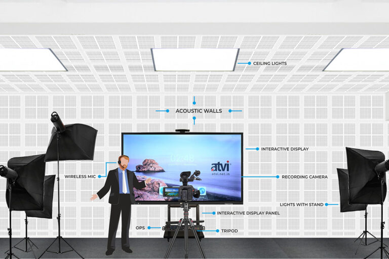 Recording studio setup with lights, camera, display and acoustic walls